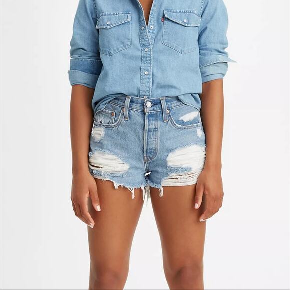 LEVI'S 501 Originals Premium Denim High Rise Jean Shorts Distressed Size 30 - Picture 1 of 13